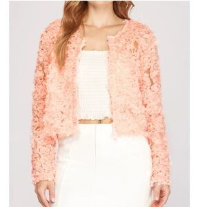 She + Sky Long Sleeve 3D Mesh Short Jacket Cardigan Flower appliqué in Pink